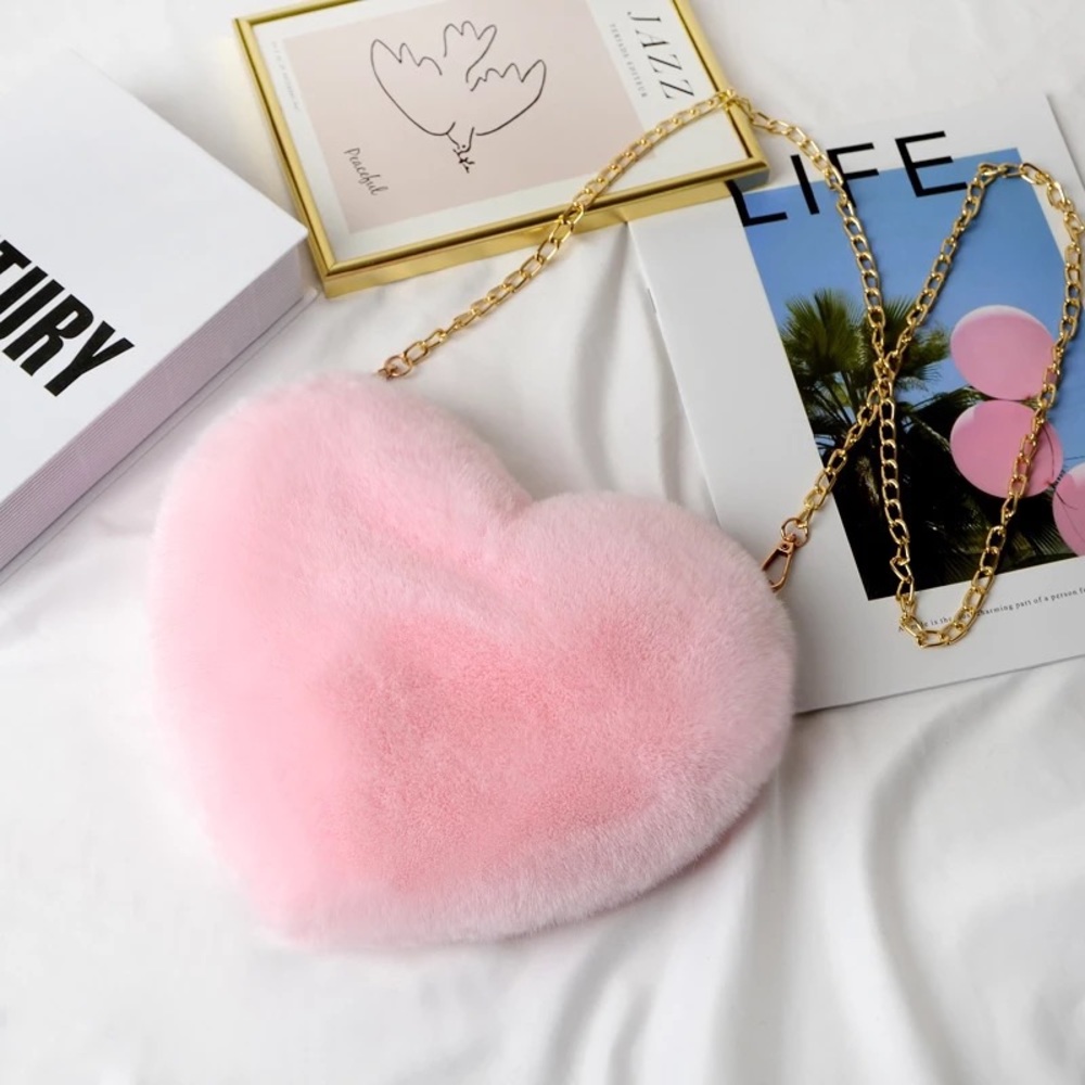 Pink Faux Rabbit Fur Heart Crossbody Purse